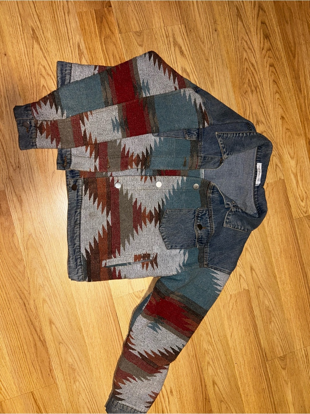 Aztec-Print Denim Jacket in Blue, Gray & Red